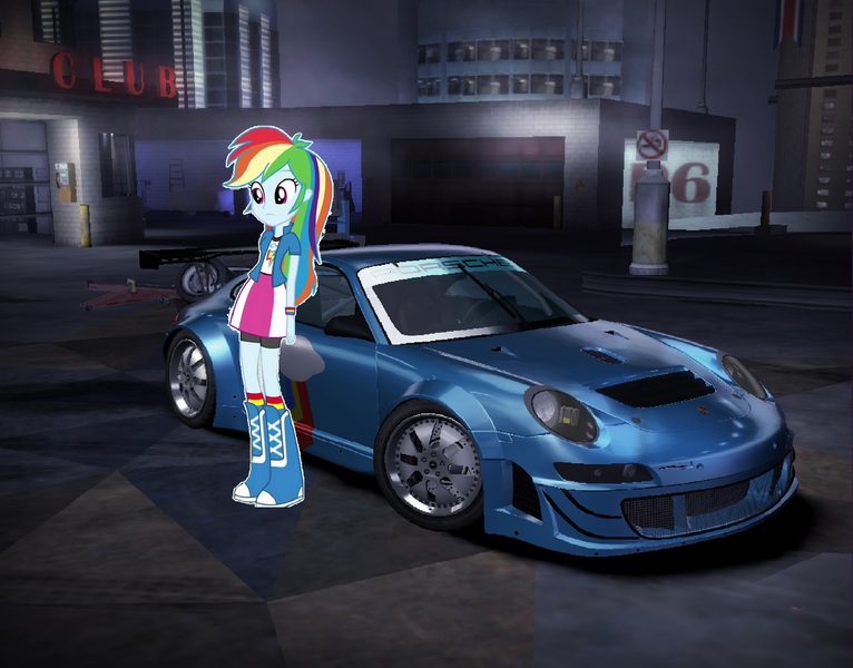 Size: 2010x1574 | Tagged: safe, artist:rainbow-dash-2014, banned from derpibooru, deleted from derpibooru, derpibooru import, rainbow dash, equestria girls, 911, gt3, nfs carbon, obligatory pony, porsche, porsche 911 gt3 rsr, rsr, solo