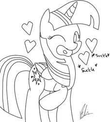 Size: 367x405 | Tagged: safe, artist:edrian, banned from derpibooru, deleted from derpibooru, derpibooru import, twilight sparkle, twilight sparkle (alicorn), alicorn, pony, female, heart, lineart, mare, monochrome, one eye closed, outline, pacifier, solo, wink