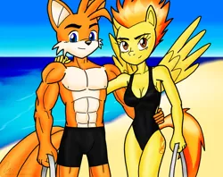 Size: 900x713 | Tagged: safe, artist:sonigoku, banned from derpibooru, deleted from derpibooru, derpibooru import, spitfire, anthro, beach, clothes, crossover, crossover shipping, duo, miles "tails" prower, muscles, one-piece swimsuit, shipping, sonic the hedgehog (series), standing, swimsuit