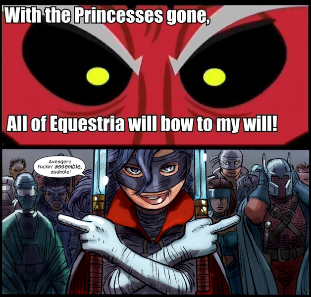 Size: 642x613 | Tagged: safe, banned from derpibooru, deleted from derpibooru, derpibooru import, lord tirek, avengers assemble, exploitable meme, hit-girl, kick-ass, meme, tirek vs everyone meme, vulgar