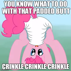 Size: 490x490 | Tagged: safe, artist:ced75, artist:fillyscoots42, banned from derpibooru, deleted from derpibooru, derpibooru import, pinkie pie, caption, crinkle, diaper, diaper fetish, fetish, image macro, jason derulo, looking between legs, meme, padded pony parody, solo, song parody, song reference, text, wiggle