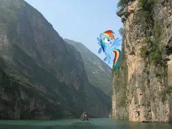 Size: 2592x1944 | Tagged: safe, artist:kysss90, artist:laopokia, banned from derpibooru, deleted from derpibooru, derpibooru import, rainbow dash, pony, boat, canyon, china, floating, irl, photo, ponies in real life, river, solo, vector, yangtze river