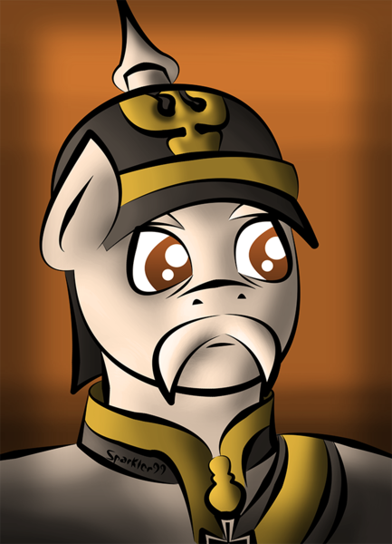 Size: 700x971 | Tagged: safe, artist:sparkdraws, banned from derpibooru, deleted from derpibooru, derpibooru import, ponified, pony, facial hair, gradient background, iron cross, moustache, otto von bismarck, pickelhaube, prussia, sepia