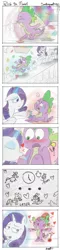 Size: 1625x6750 | Tagged: safe, artist:amarcato, banned from derpibooru, deleted from derpibooru, derpibooru import, rarity, spike, bandaid, blood, comic, fake blood, female, food, gem, injured, ketchup, male, sauce, shipping, sparity, straight, traditional art