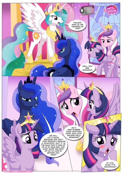 Size: 1022x1446 | Tagged: questionable, artist:bbmbbf, banned from derpibooru, deleted from derpibooru, derpibooru import, princess cadance, princess celestia, princess luna, twilight sparkle, twilight sparkle (alicorn), alicorn, pony, comic:libraries are supposed to be quiet, equestria untamed, alicorn tetrarchy, comic, female, implied incest, libraries are supposed to be quiet, mare, palcomix, porn logic
