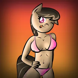Size: 700x700 | Tagged: suggestive, artist:sparkdraws, banned from derpibooru, deleted from derpibooru, derpibooru import, octavia melody, anthro, beach, belly button, bikini, breasts, cleavage, clothes, female, one eye closed, solo, solo female, swimsuit, tongue out, wink