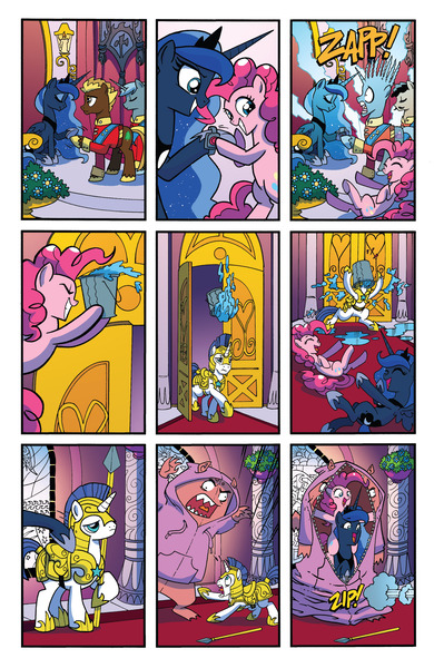 Size: 1988x3056 | Tagged: safe, artist:tonyfleecs, banned from derpibooru, deleted from derpibooru, derpibooru import, idw, big boy the cloud gremlin, pinkie pie, princess luna, spoiler:comic, spoiler:comicff7, bucket, comic, laughing, prank, royal guard