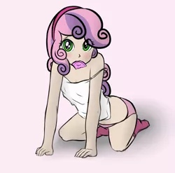 Size: 742x734 | Tagged: suggestive, artist:mostazathy, banned from derpibooru, deleted from derpibooru, derpibooru import, sweetie belle, human, all fours, blushing, clothes, condom, humanized, looking at you, midriff, mouth hold, nervous, off shoulder, panties, sitting, socks, solo, tanktop, this will end in jail time, underwear, we are going to hell