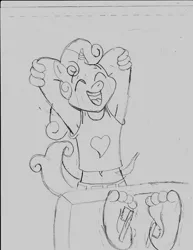 Size: 2549x3299 | Tagged: suggestive, artist:ced75, banned from derpibooru, deleted from derpibooru, derpibooru import, sweetie belle, anthro, plantigrade anthro, armpits, barefoot, feet, monochrome, stocks, tickling