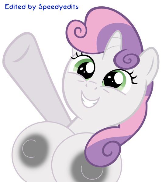 Size: 4310x4856 | Tagged: questionable, artist:slb94, artist:speedyedits, banned from derpibooru, deleted from derpibooru, derpibooru import, edit, sweetie belle, breasts, foalcon, misplaced boobs, nudity, underage