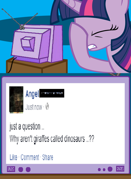 Size: 563x771 | Tagged: safe, banned from derpibooru, deleted from derpibooru, derpibooru import, twilight sparkle, dinosaur, giraffe, exploitable meme, facebook, facehoof, fail, meme, obligatory pony, stupidity, tv meme