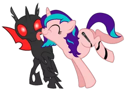 Size: 964x693 | Tagged: safe, artist:shootingstarajm, banned from derpibooru, deleted from derpibooru, derpibooru import, oc, oc:daniel vatonem, oc:starsong, unofficial characters only, changeling, unicorn, cute, licking, purple mane, red eyes, request, shipping, tongue out