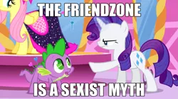 Size: 1293x726 | Tagged: safe, banned from derpibooru, deleted from derpibooru, derpibooru import, fluttershy, rarity, spike, green isn't your color, abuse, clothes, denied, disapproval, feminism, friendzone, image, mouthpiece, png, spikeabuse