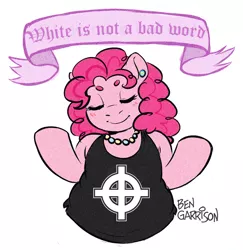 Size: 1280x1315 | Tagged: safe, artist:collaredginger, banned from derpibooru, deleted from derpibooru, derpibooru import, edit, pinkie pie, art theft, chubby, mouthpiece, politics, racism