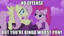 Size: 1280x720 | Tagged: safe, banned from derpibooru, deleted from derpibooru, derpibooru import, fluttershy, pinkie pie, caption, crying, image macro, meme, text, worst pony