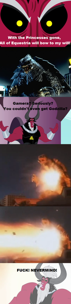 Size: 536x2280 | Tagged: safe, banned from derpibooru, deleted from derpibooru, derpibooru import, lord tirek, exploitable meme, gamera, meme, tirek is doomed, tirek vs everyone meme, vulgar