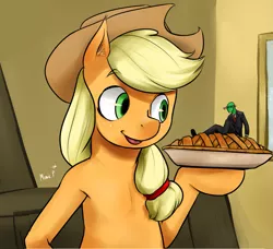 Size: 1263x1152 | Tagged: safe, artist:mimicpony, banned from derpibooru, deleted from derpibooru, derpibooru import, applejack, oc, oc:anon, human, pony, apple, apple pie, bipedal, food, giant pony, macro, micro, pie, smiling