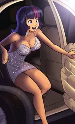 Size: 1162x1920 | Tagged: safe, artist:megasweet, banned from derpibooru, deleted from derpibooru, derpibooru import, twilight sparkle, human, breasts, busty twilight sparkle, car, cleavage, clothes, dress, female, humanized, image, jpeg, open smile, solo