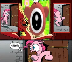 Size: 1111x961 | Tagged: safe, banned from derpibooru, deleted from derpibooru, derpibooru import, pinkie pie, exploitable meme, kirby, kirby 64, meme, nintendo, obligatory pony, surprise door, waddle doo, youtube poop in the comments