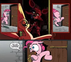 Size: 500x435 | Tagged: safe, banned from derpibooru, deleted from derpibooru, derpibooru import, pinkie pie, crossover, exploitable meme, five nights at freddy's, foxy, meme, nightmare fuel, obligatory pony, surprise door