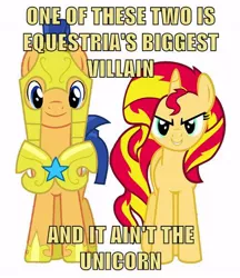 Size: 500x580 | Tagged: safe, banned from derpibooru, deleted from derpibooru, derpibooru import, flash sentry, sunset shimmer, armor, bronybait, caption, flash sentry drama, funny, image macro, looking at you, meme, not this shit again, old drama, smiling, text, vector, villian