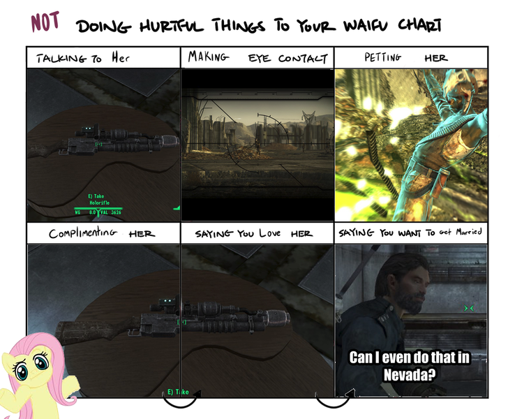 Size: 1260x1024 | Tagged: safe, banned from derpibooru, deleted from derpibooru, derpibooru import, fluttershy, barely pony related, dead money, doing loving things, fallout, fallout: new vegas, gun, holorifle, meme, nevada, obligatory pony, rifle, weapon
