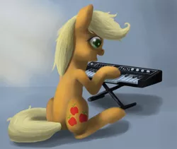 Size: 1200x1013 | Tagged: safe, artist:raedrob, banned from derpibooru, deleted from derpibooru, derpibooru import, applejack, keyboard, music, musical instrument, sitting, solo, synthesizer