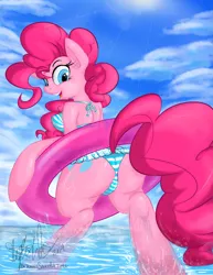Size: 2975x3850 | Tagged: suggestive, artist:berndem-bones, banned from derpibooru, deleted from derpibooru, derpibooru import, pinkie pie, anthro, unguligrade anthro, adorasexy, arm hooves, ass, attached skirt, beach, bikini, butt, clothes, cute, female, floaty, frilly, inner tube, sexy, skirt, solo, solo female, stripes, swimsuit, wedgie