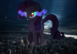 Size: 1920x1368 | Tagged: safe, artist:blazingcobaltda, artist:tzolkine, banned from derpibooru, deleted from derpibooru, derpibooru import, rarity, pony, city, collage, corrupted, dark magic, destruction, giant pony, macro, magic, vector