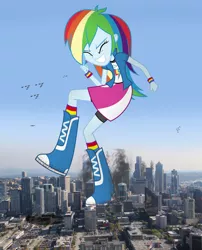 Size: 1280x1584 | Tagged: safe, artist:blazingcobaltda, artist:givralix, banned from derpibooru, deleted from derpibooru, derpibooru import, rainbow dash, equestria girls, boots, city, clothes, destruction, eyes closed, female, fist pump, giantess, macro, rampage, shoes, skirt