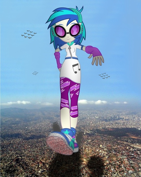 Size: 818x1024 | Tagged: safe, artist:baleyreeves, artist:blazingcobaltda, banned from derpibooru, deleted from derpibooru, derpibooru import, vinyl scratch, equestria girls, city, clothes, destruction, female, giantess, macro, shoes, sneakers, stomp, stomping