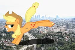 Size: 1200x800 | Tagged: safe, artist:blazingcobaltda, artist:scrimpeh, banned from derpibooru, deleted from derpibooru, derpibooru import, applejack, pony, city, giant pony, irl, jets, kicking, los angeles, macro, photo, ponies in real life