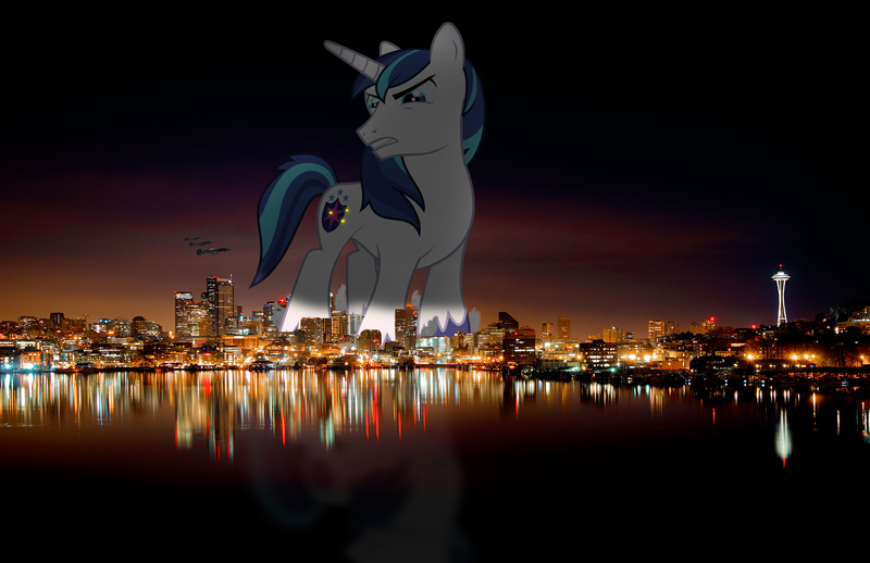 Size: 2560x1656 | Tagged: safe, artist:blazingcobaltda, artist:theshadowstone, banned from derpibooru, deleted from derpibooru, derpibooru import, shining armor, pony, angry, city, destruction, giant pony, irl, macro, night, photo, ponies in real life, seattle