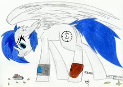 Size: 4679x3308 | Tagged: safe, artist:wingedthoughts, banned from derpibooru, deleted from derpibooru, derpibooru import, oc, oc:sapphire, unofficial characters only, fallout equestria, bullet, gun, holster, pipbuck, solo, traditional art, weapon