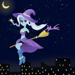 Size: 2337x2324 | Tagged: safe, artist:flight-of-the-moon, banned from derpibooru, deleted from derpibooru, derpibooru import, trixie, twilight sparkle, cat, equestria girls, belly button, broom, building, crescent moon, eyes closed, flying, flying broomstick, hat, lidded eyes, looking at you, midriff, moon, night, night sky, sitting, sky, smiling, species swap, stars, wand, witch hat