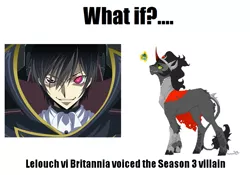 Size: 859x600 | Tagged: safe, banned from derpibooru, deleted from derpibooru, derpibooru import, king sombra, spoiler:s03, code geass, forced meme, lelouch vi britannia, meme, season 3 villain, what if x voiced the season 3 villain