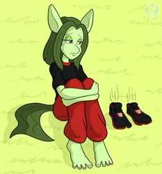 Size: 863x925 | Tagged: safe, artist:majikkumausuii, artist:mintymousyxfce, banned from derpibooru, deleted from derpibooru, derpibooru import, oc, oc:misty dahlia, anthro, earth pony, anthro oc, barefoot, clothes, feet, fetish, foot fetish, grass, green, mirror's edge, sad, shoes, simple, sneakers, toes