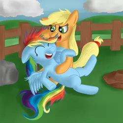 Size: 1500x1500 | Tagged: safe, artist:raedrob, banned from derpibooru, deleted from derpibooru, derpibooru import, applejack, rainbow dash, earth pony, pegasus, applejack's hat, cloud, cowboy hat, female, fence, filly, foal, hat, laughing, sky, smiling