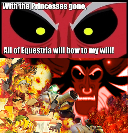 Size: 500x519 | Tagged: safe, banned from derpibooru, deleted from derpibooru, derpibooru import, lord tirek, twilight's kingdom, army, clark steel, eri kasamoto, exploitable meme, explosion, fiolina germi, fire, gun, marchrius dennis rossi, meme, metal slug, ralf jones, rebel army, snk, sv-001, tank (vehicle), tarmicle roving iii, tirek vs everyone meme, weapon