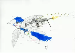Size: 4679x3308 | Tagged: safe, artist:wingedthoughts, banned from derpibooru, deleted from derpibooru, derpibooru import, oc, oc:wingedthoughts, unofficial characters only, pegasus, fallout equestria, blood, bullet, flying, g36, gun, mg36, screaming, shot, weapon