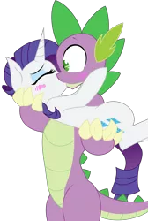 Size: 7126x10610 | Tagged: safe, artist:imarieu, artist:tyler611, banned from derpibooru, deleted from derpibooru, derpibooru import, rarity, spike, blushing, carrying, female, kissing, male, older, older spike, shipping, simple background, sparity, straight, transparent background