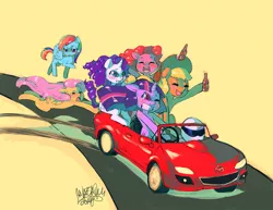 Size: 900x695 | Tagged: safe, artist:hae-hyun, banned from derpibooru, deleted from derpibooru, derpibooru import, applejack, fluttershy, pinkie pie, rainbow dash, rarity, twilight sparkle, car, cider, crossover, driving, mane six, mazda, mazda mx5, the stig, top gear