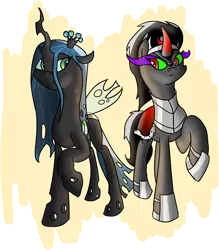 Size: 700x799 | Tagged: safe, artist:sparkdraws, banned from derpibooru, deleted from derpibooru, derpibooru import, king sombra, queen chrysalis, armor, dark magic, design, magic, queen umbra, rule 63, shirt design