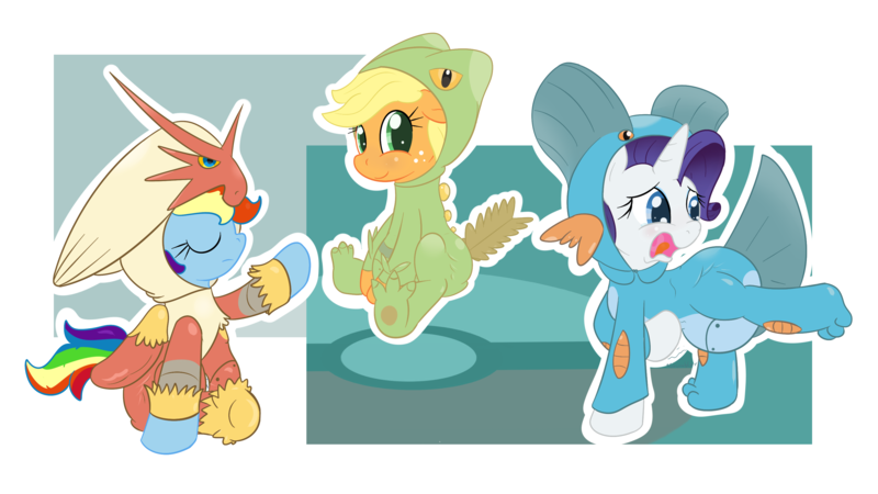 Size: 3200x1800 | Tagged: questionable, artist:vitriolink, banned from derpibooru, deleted from derpibooru, derpibooru import, applejack, rainbow dash, rarity, blaziken, sceptile, swampert, clothes, costume, diaper, diaper fetish, fetish, pokémon, poofy diaper