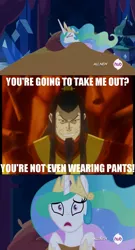 Size: 613x1133 | Tagged: safe, banned from derpibooru, deleted from derpibooru, derpibooru import, princess celestia, human, avatar the last airbender, celestia's nightmare, clothes, exploitable meme, meme, nightmare, ozai, pants, we don't normally wear clothes