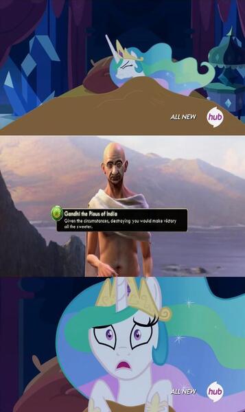 Size: 610x1024 | Tagged: safe, banned from derpibooru, deleted from derpibooru, derpibooru import, princess celestia, celestia's nightmare, civilization, civilization v, exploitable meme, gandhi, meme