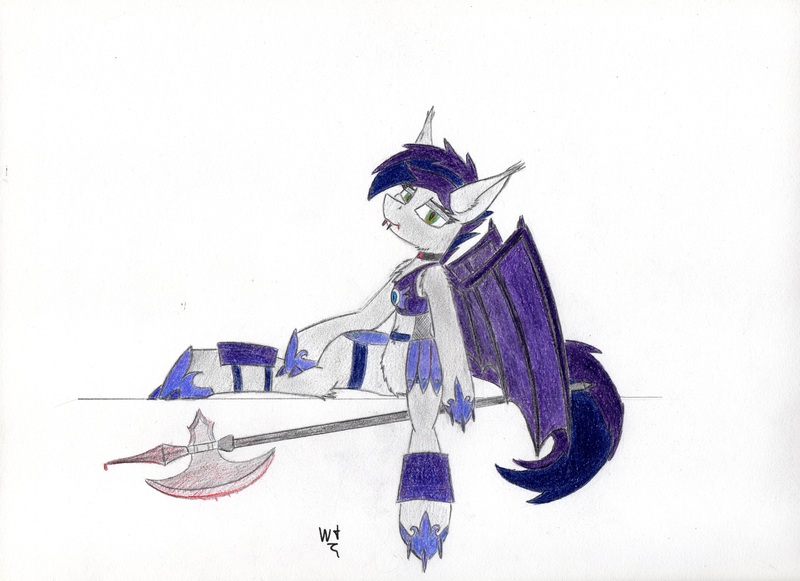 Size: 4679x3400 | Tagged: safe, artist:wingedthoughts, banned from derpibooru, deleted from derpibooru, derpibooru import, oc, oc:night dash, unofficial characters only, bat pony, vampire, armor, axe, battle axe, blood, jewelry, necklace, sith, smiling, star wars, weapon