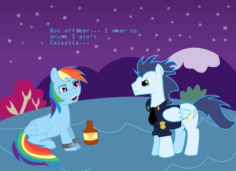 Size: 2160x1569 | Tagged: safe, artist:spellboundcanvas, banned from derpibooru, deleted from derpibooru, derpibooru import, rainbow dash, soarin', arrested, cider, clothes, drunk, drunker dash, necktie, officer, old cutie mark, police, shackles, shirt, uniform