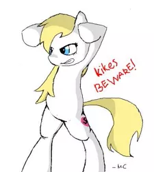 Size: 389x432 | Tagged: safe, artist:mediocre, banned from derpibooru, deleted from derpibooru, derpibooru import, oc, oc:aryanne, bipedal, blonde, female, flockmod, heart (organ), hooves over head, lighting from below, nazi, organs, racism, scarecrow, spoopy, standing, swastika, vulgar