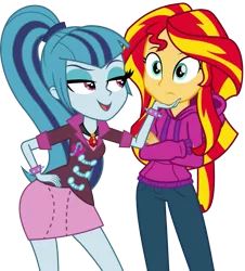 Size: 1057x1170 | Tagged: safe, artist:mohawgo, banned from derpibooru, deleted from derpibooru, derpibooru import, sonata dusk, sunset shimmer, equestria girls, rainbow rocks, clothes, female, hoodie, lesbian, shipping, sunata, vector